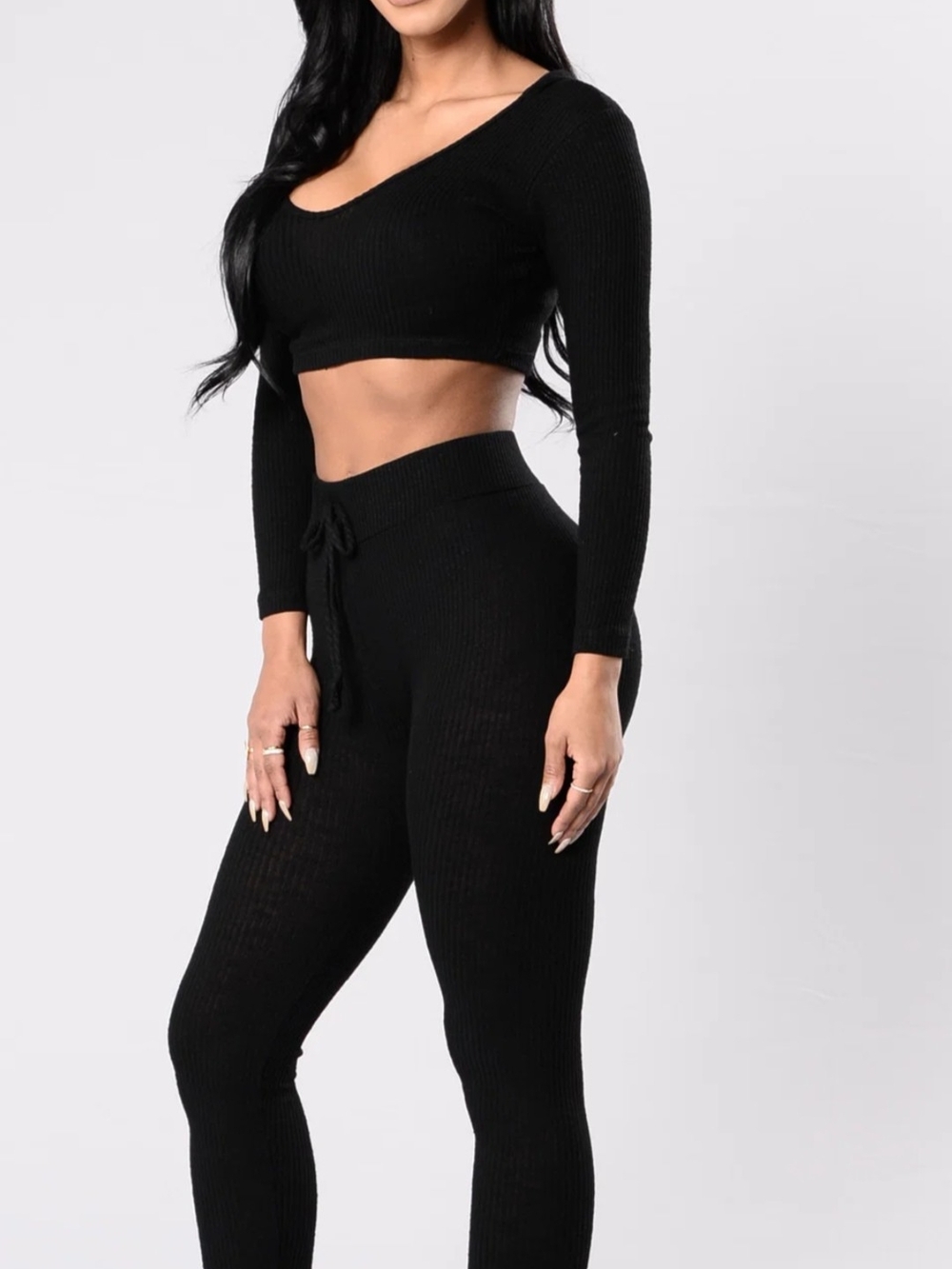 Fashion Nova Black Ribbed High-Rise Drawstring Leggings & Crop Long Sleeve Top